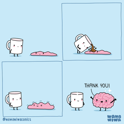 Four-panel comic on a pale blue background with a small smiling white mug and a pink brain-shaped blob.  Panel 1: The mug stands at left looking at a sleepy, small pink brain blob on the floor.  Panel 2: The mug tips and pours brown coffee onto the brain blob.  Panel 3: The mug steps back while the blob grows slightly and looks more awake.  Panel 4: The brain has expanded into a larger, energized pink brain with arms and legs and says, "THANK YOU!" while the mug smiles.